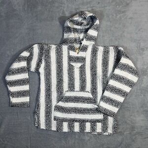 Baja Joe Black White Striped Mexican Hoodie Pullover Baja Surf Poncho Size S
